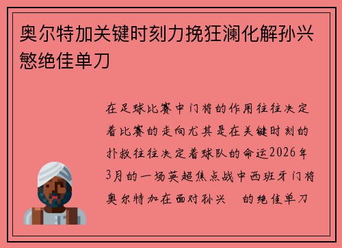 奥尔特加关键时刻力挽狂澜化解孙兴慜绝佳单刀